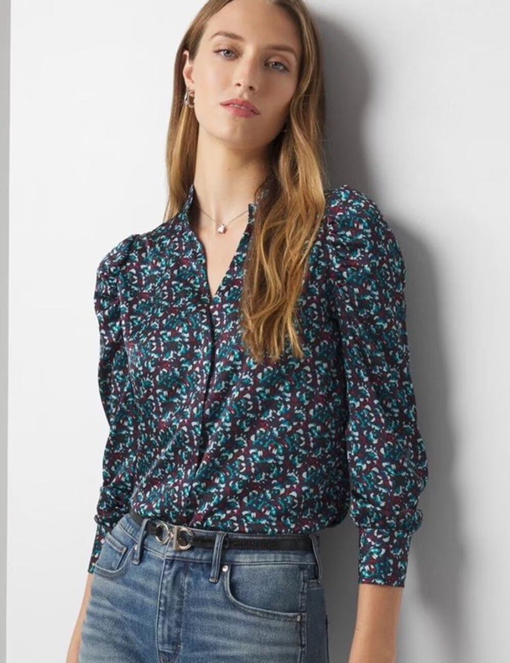 I Love Ronson Black floral button up blouse with lace M new
